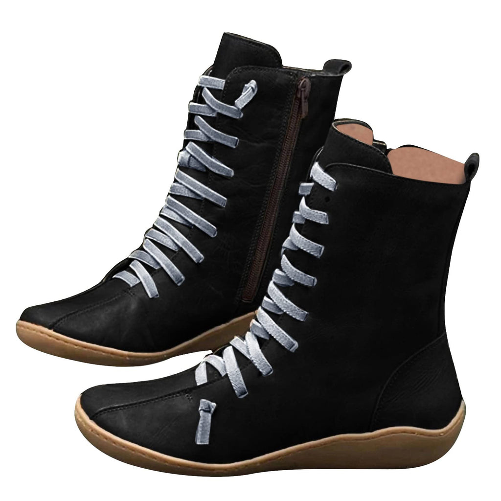 Womens Fashion Sneaker Booties Casual Leather Lace Up Ankle Boots Walking Shoes Vintage Retro Round Toe Side Zip Flat Short Boots for Women Men Ladies (R2-Black 9)