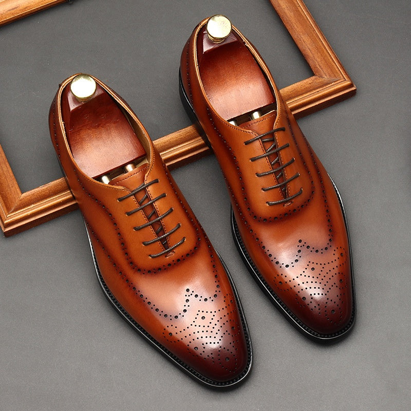 Men's British Leather Pointed Toe Lace-up Business Shoes
