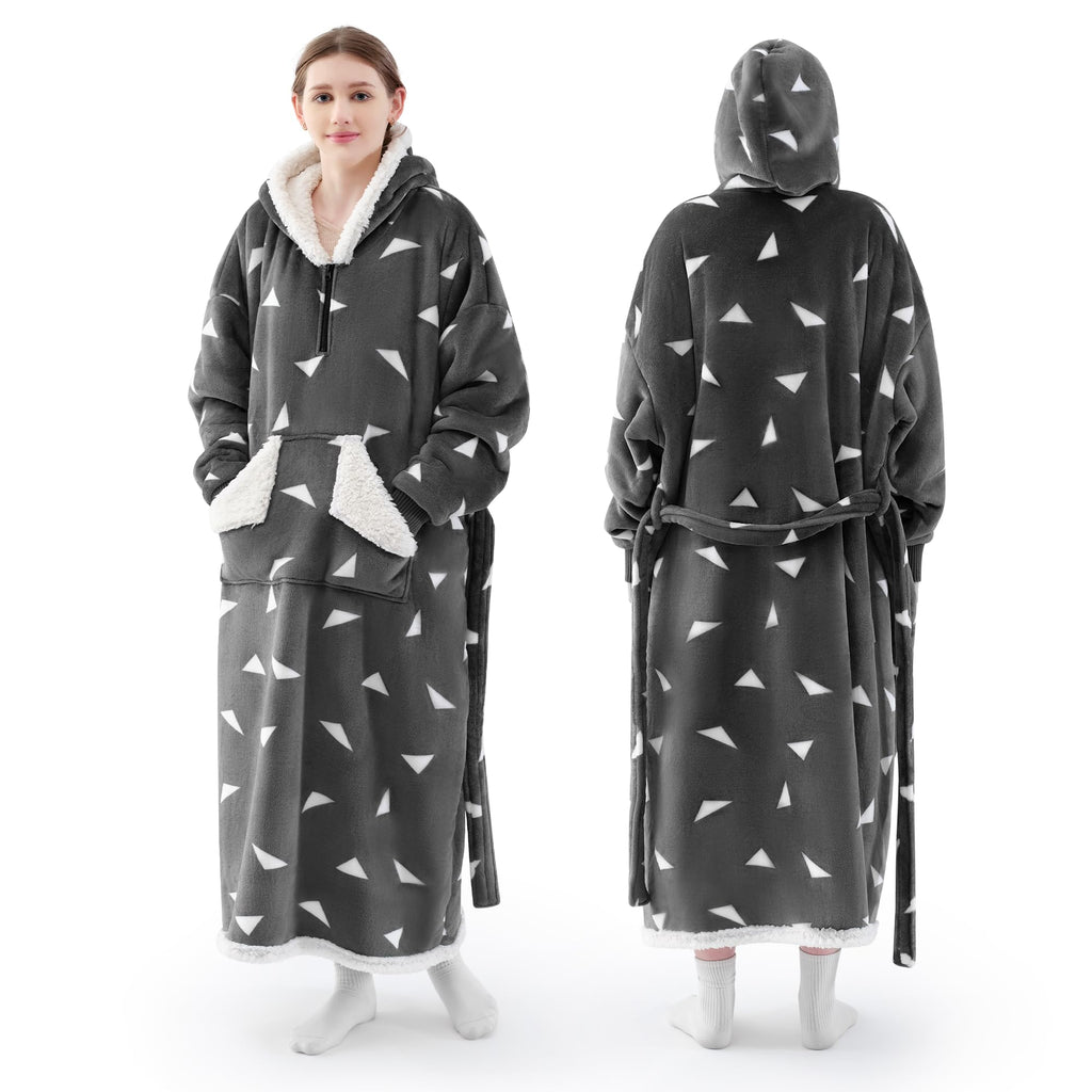 Touchat Wearable Blanket Hoodie as Gifts for Women and MenWarm and Cozy Large Blanket SweatshirtThick&Long Sherpa Fleece Hooded Blanket with Oversize Pocket and Belt Winter GiftsPrint Grey