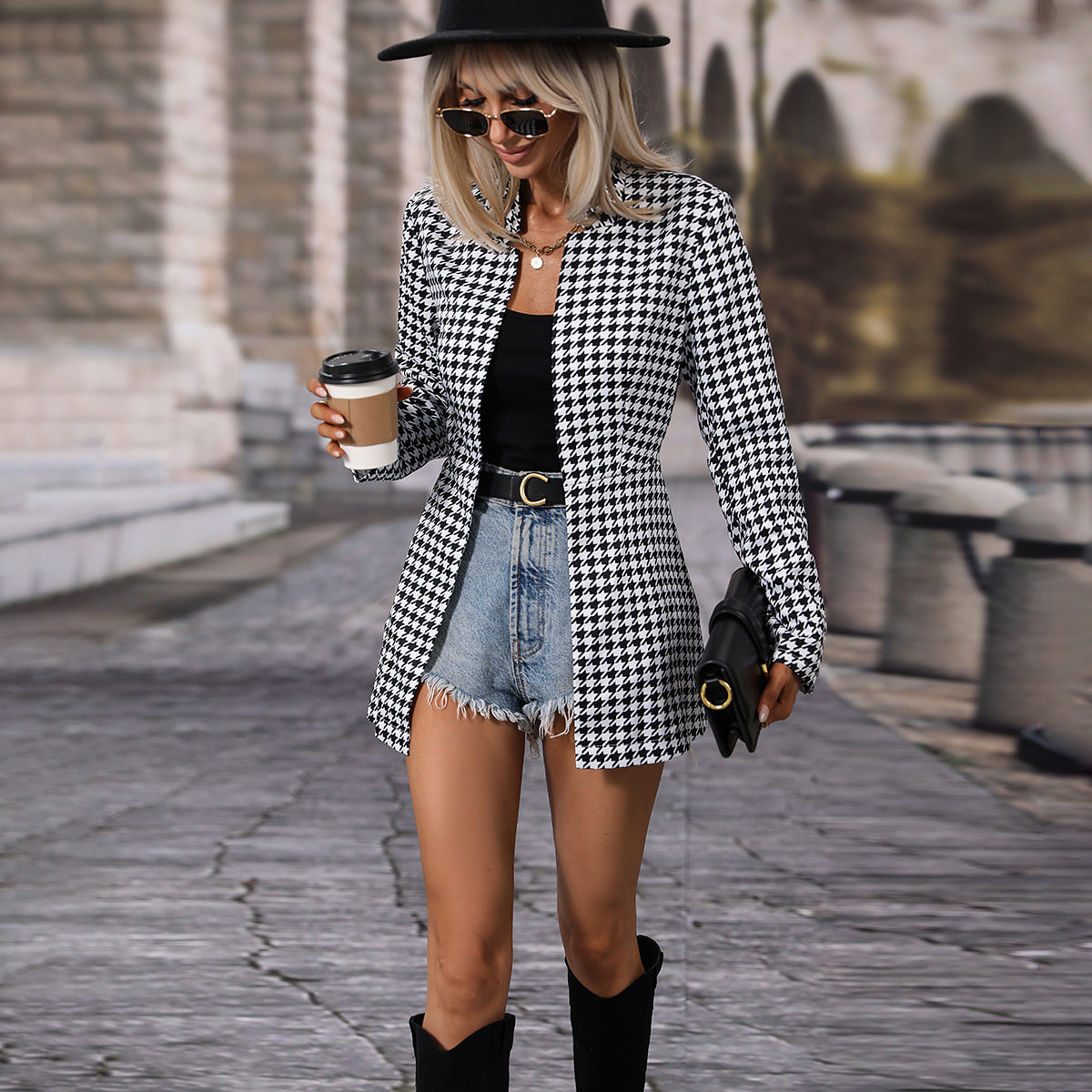 Classic Houndstooth Wool Coat and Blazer Jacket