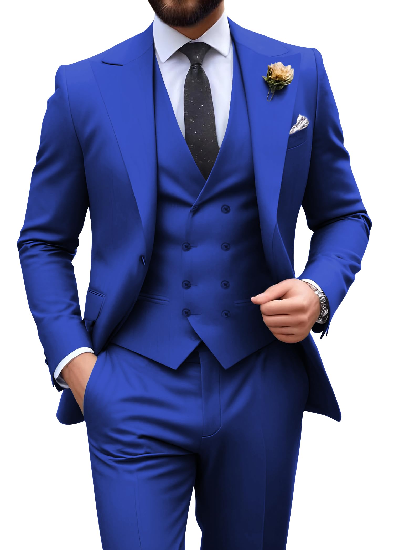 Suits for Men Casual Slim Fit Suit 3 Piece Formal Outfit Business Tuxedo Suit Wedding Groom Blazer Vest Pants Set Royal Blue XX-Large