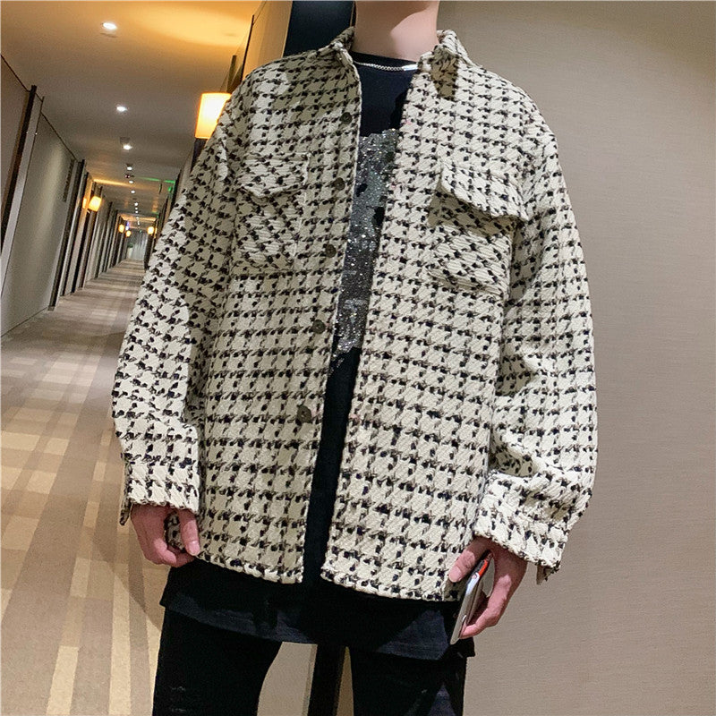 Woven Houndstooth Wool Shirt Coat with Big Pockets