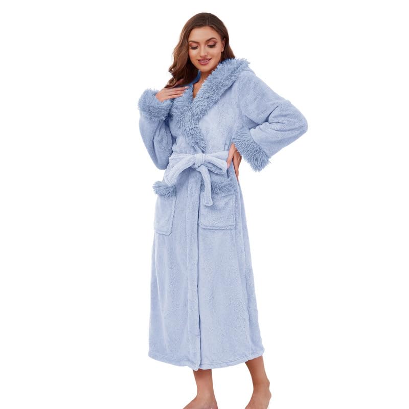 LYCY Womens Hooded Plush Long Robe Soft Warm Fleece Bathrobe for Women Fluffy Cute Spa Robe(Light BlueS/M)