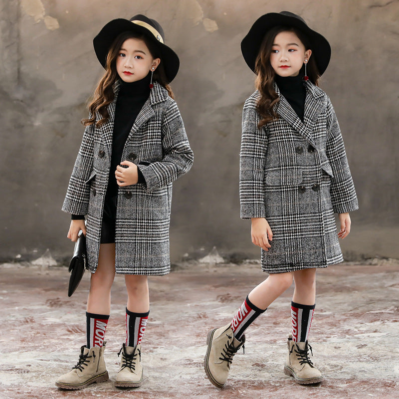 Girl's Gray Plaid Wool Coat for Autumn/Winter