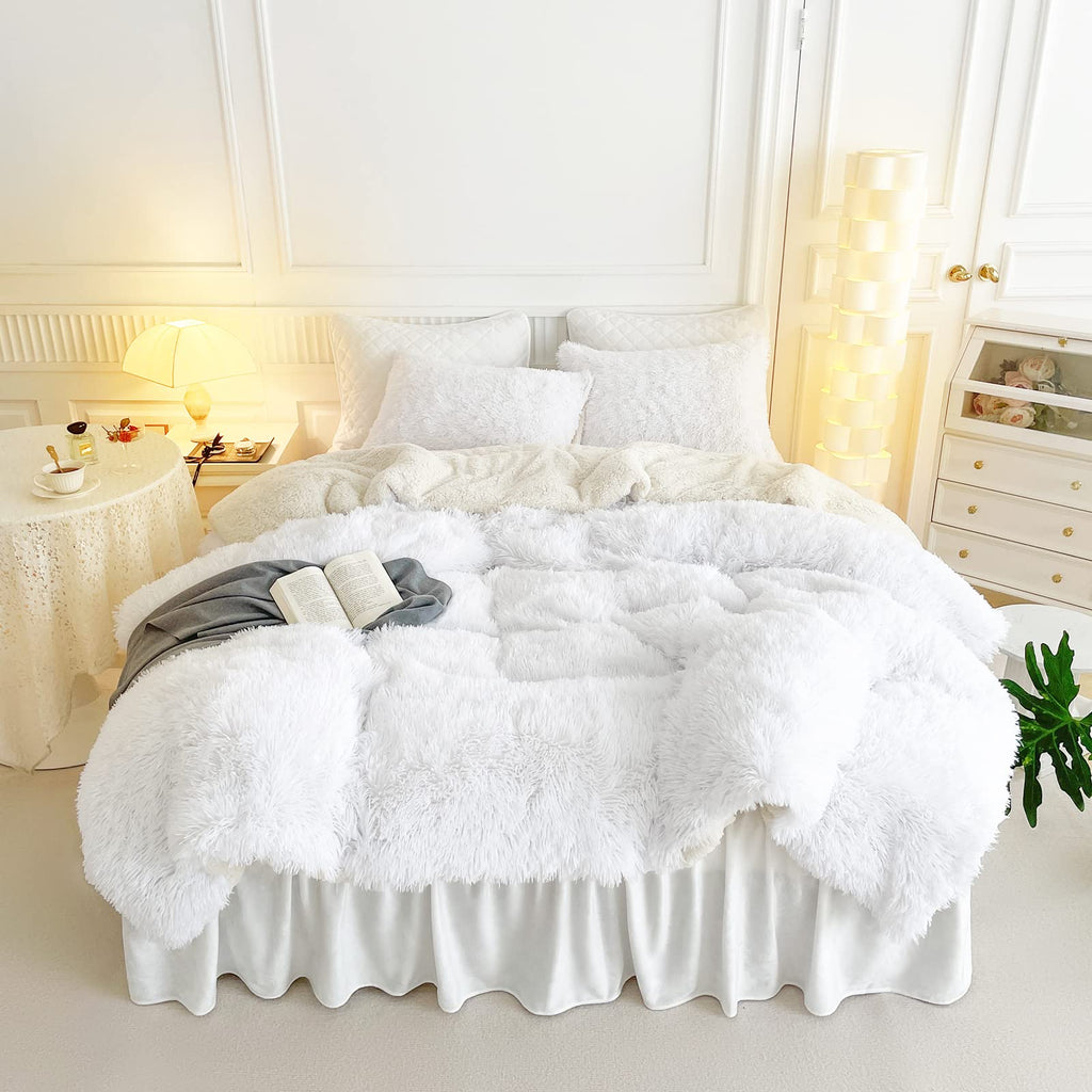 UOZZI BEDDING طقم لحاف فرو صناعي أبيض مقاس كوين 3 قطع - 1 طقم لحاف أشعث أبيض و2 كيس وسادة فائق النعومة وسهل العناية طقم لحاف قطيفة فاخر أشعث