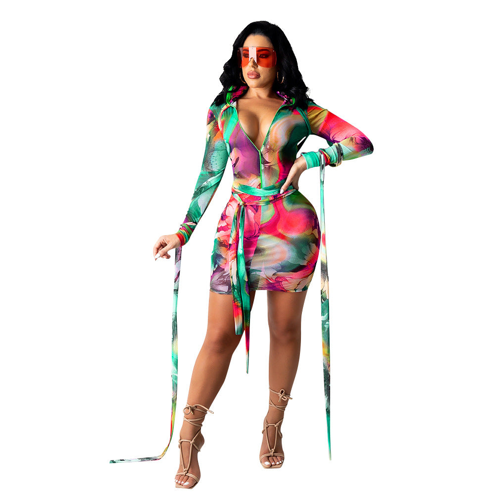 Women's Printed Mesh See-Through Dress