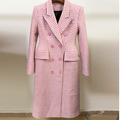 Manteau en Laine Rose à Revers Crantés Pied-de-Poule (Une Pièce)