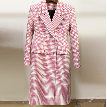 Manteau en Laine Rose à Revers Crantés Pied-de-Poule (Une Pièce)