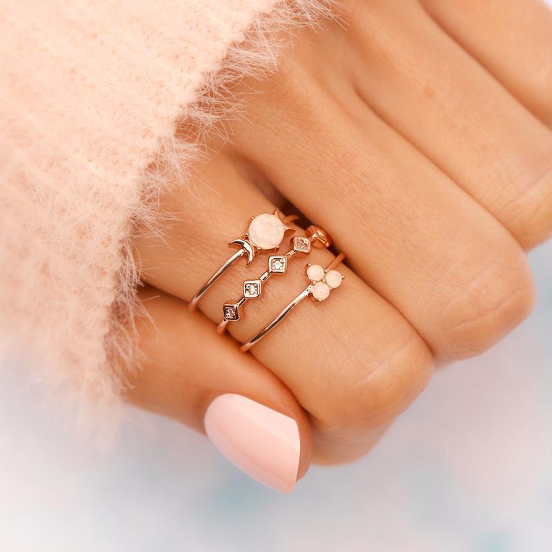 Simple Moon Opal 3-Piece Ring Set for Women