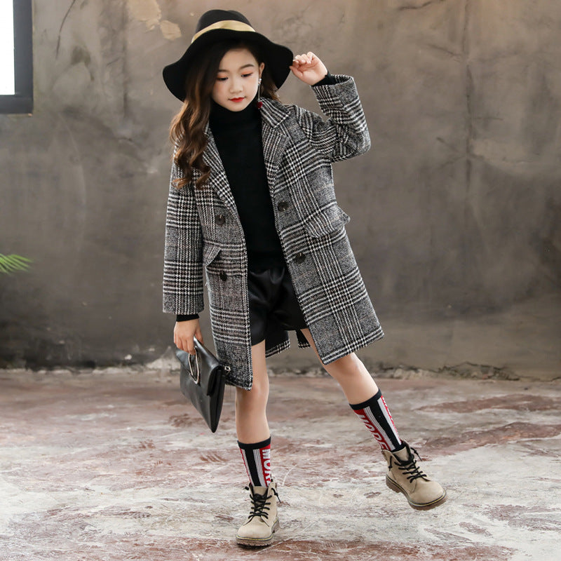 Girl's Gray Plaid Wool Coat for Autumn/Winter