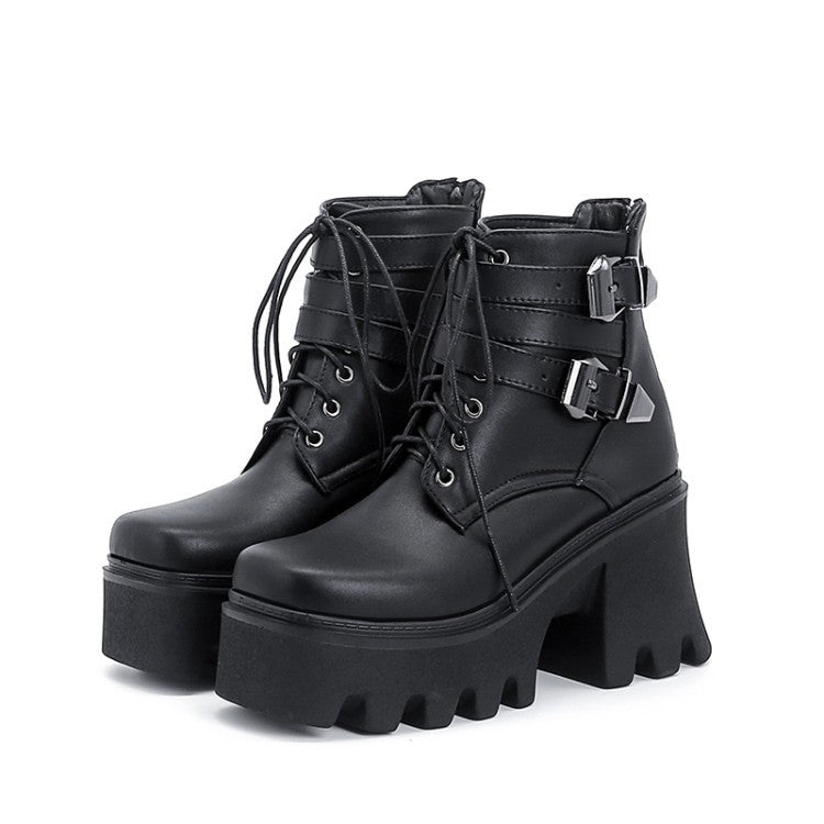 Chaussures à talons épais à lacets sur le devant en PU pour femme