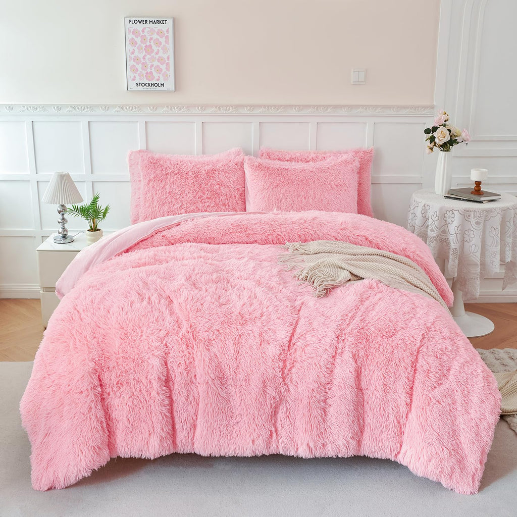 WINLIFE Faux Fur Comforter Set Queen Size Pink 3Pcs Fluffy Furry Shaggy Comforter Set Ultra Soft Long Hair Plush Bedding Set (1 Faux Fur Comforter 2 Faux Fur Pillowcases)