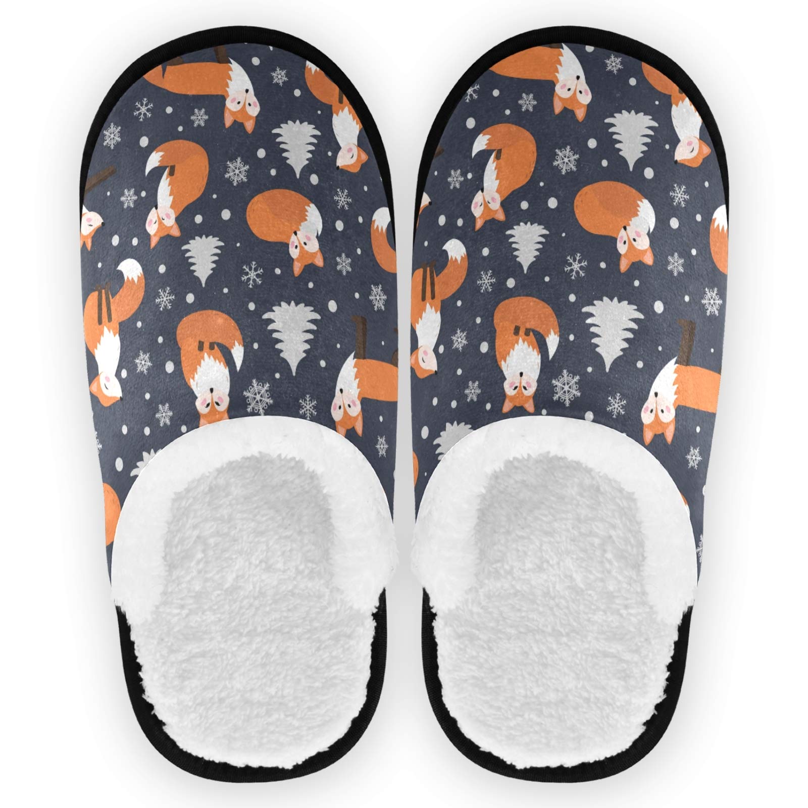 visesunny Cozy Fuzzy Plush Fleece Slippers for Women Men Fox Snowflake Christmas Tree Black Pattern Soft Memory Foam Ladies House Shoes Warm Bedroom Flat Shoe Indoor Outdoor