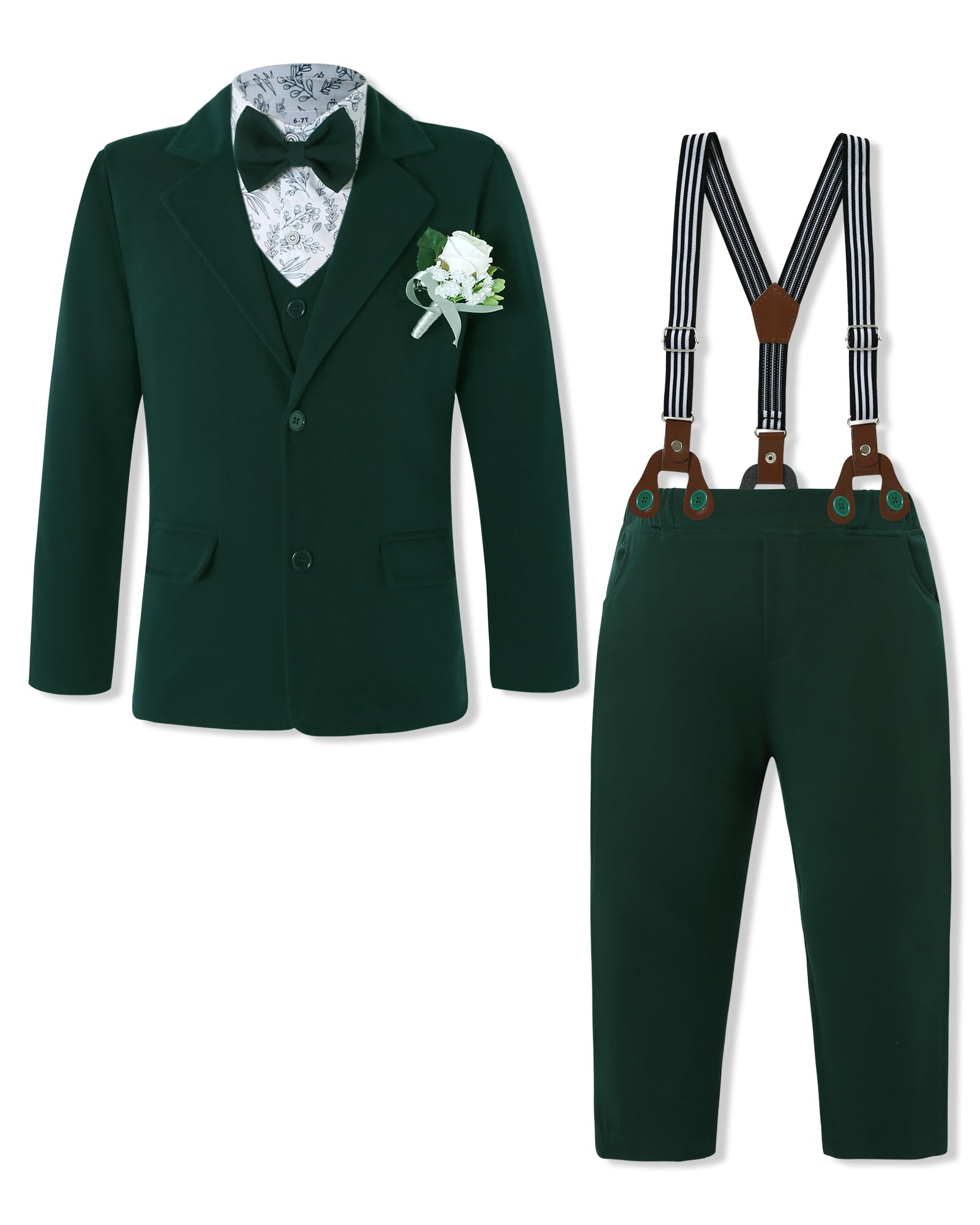 WESIDOM Boys Formal Suits Set 7 Piece Size 6-10 Kids Tuxedo Toddler Dress Clothes Blazer Vest Pants with Adjustable Waist Green