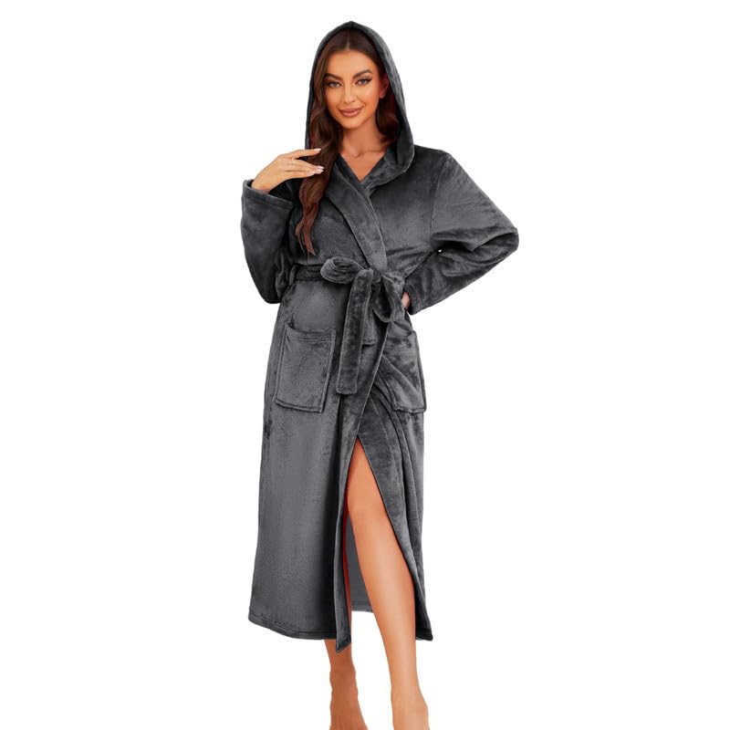 EK4YDNDS Womens Long Hooded Fleece Robe Soft Warm Spa Bathrobe for Cozy Lightweight Loungewear(Dark Grey L/XL)