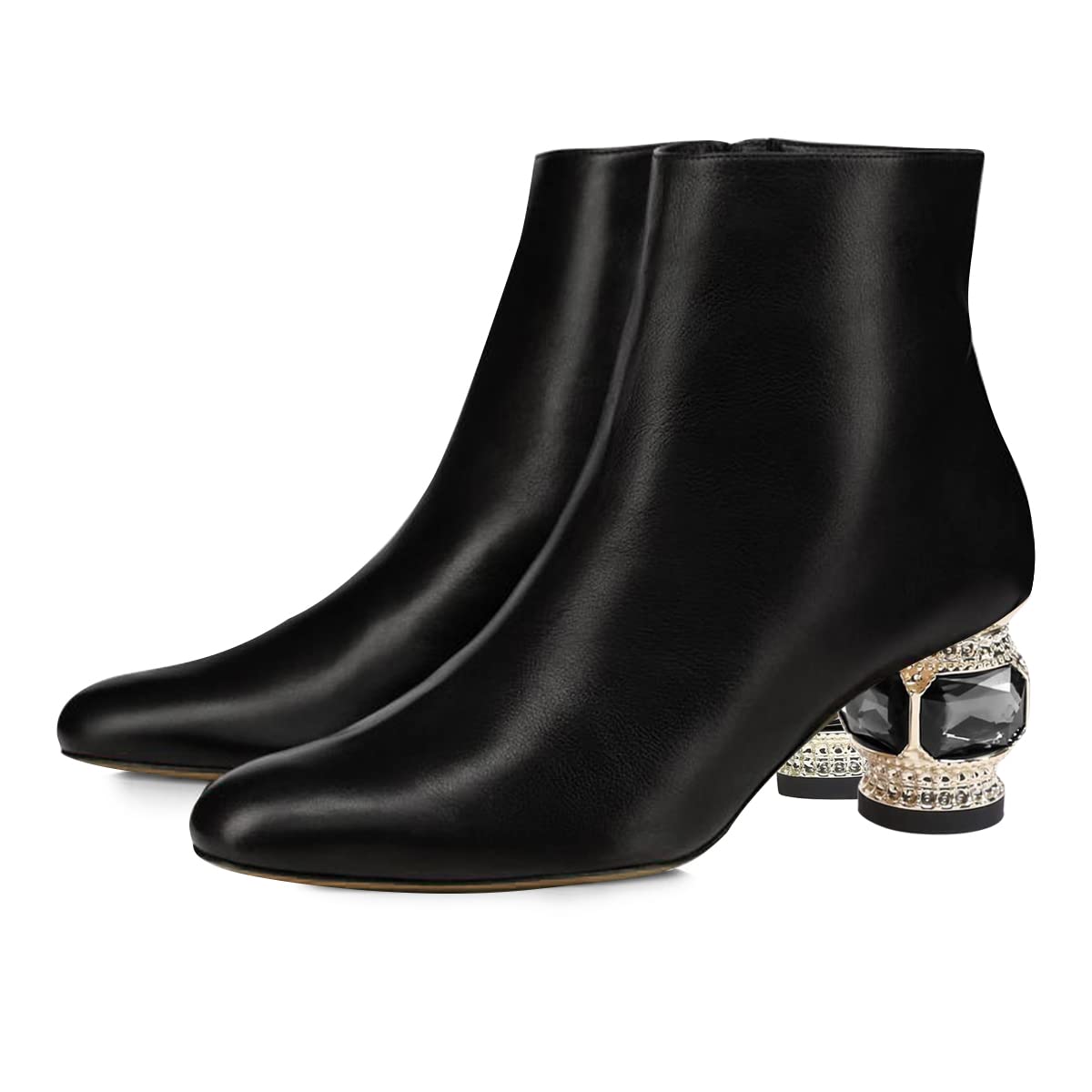 FSJ Women Round Toe Crystal Chunky Block Low Heel Ankle Boots Fashion Side Zipper Casual Daily Ladies Shoes Size 9 Black