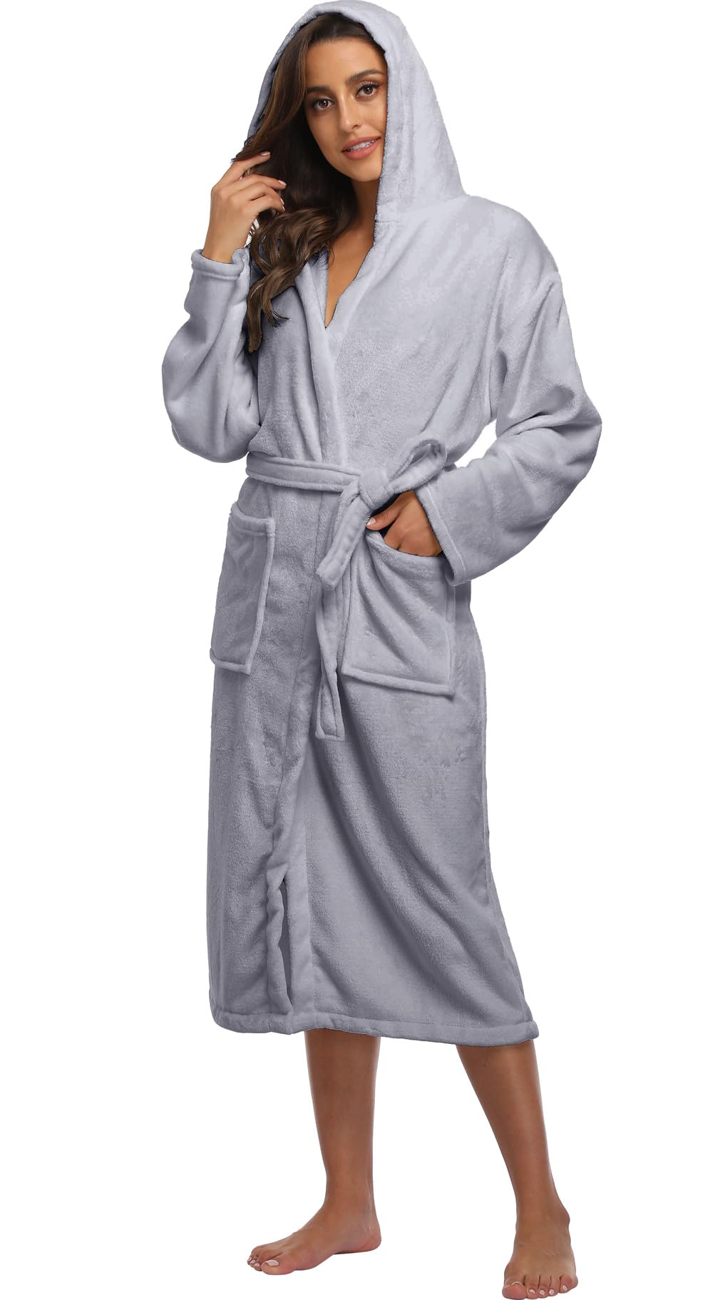 season dressing Women’s Plush Fleece Robe Cozy Warm Soft Bathrobe Long Hooded House Coat Winter Shower Spa Robe with Pockets Grey L/XL