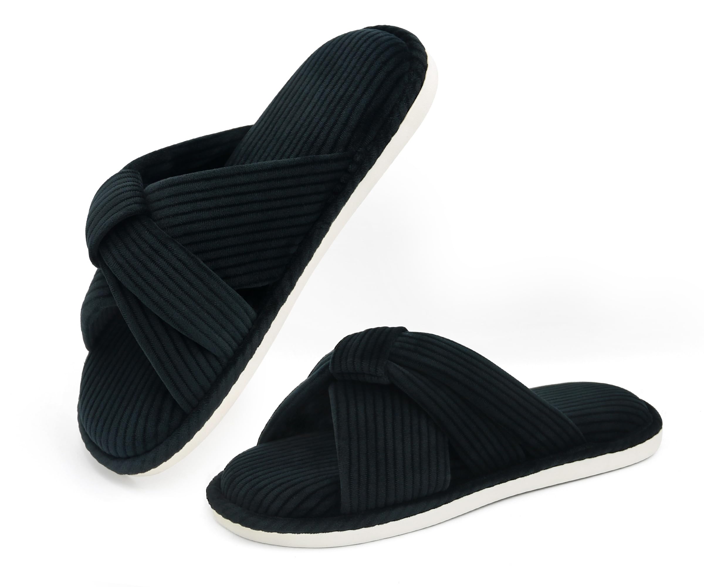 RYIDA Memory Foam House Slippes for Woman Comfy Open Toe Womens Bedroom House Shoes Cross Band Slippers with Bow for Indoor and Outdoor Gift for Women Ladies and Girls Black Size 8-9
