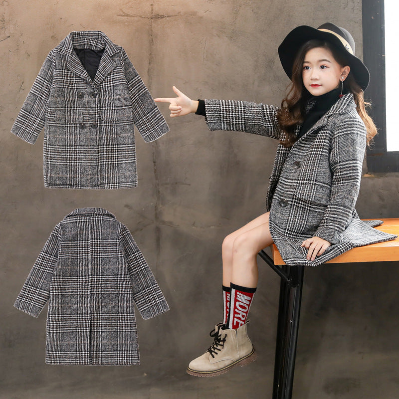 Girl's Gray Plaid Wool Coat for Autumn/Winter