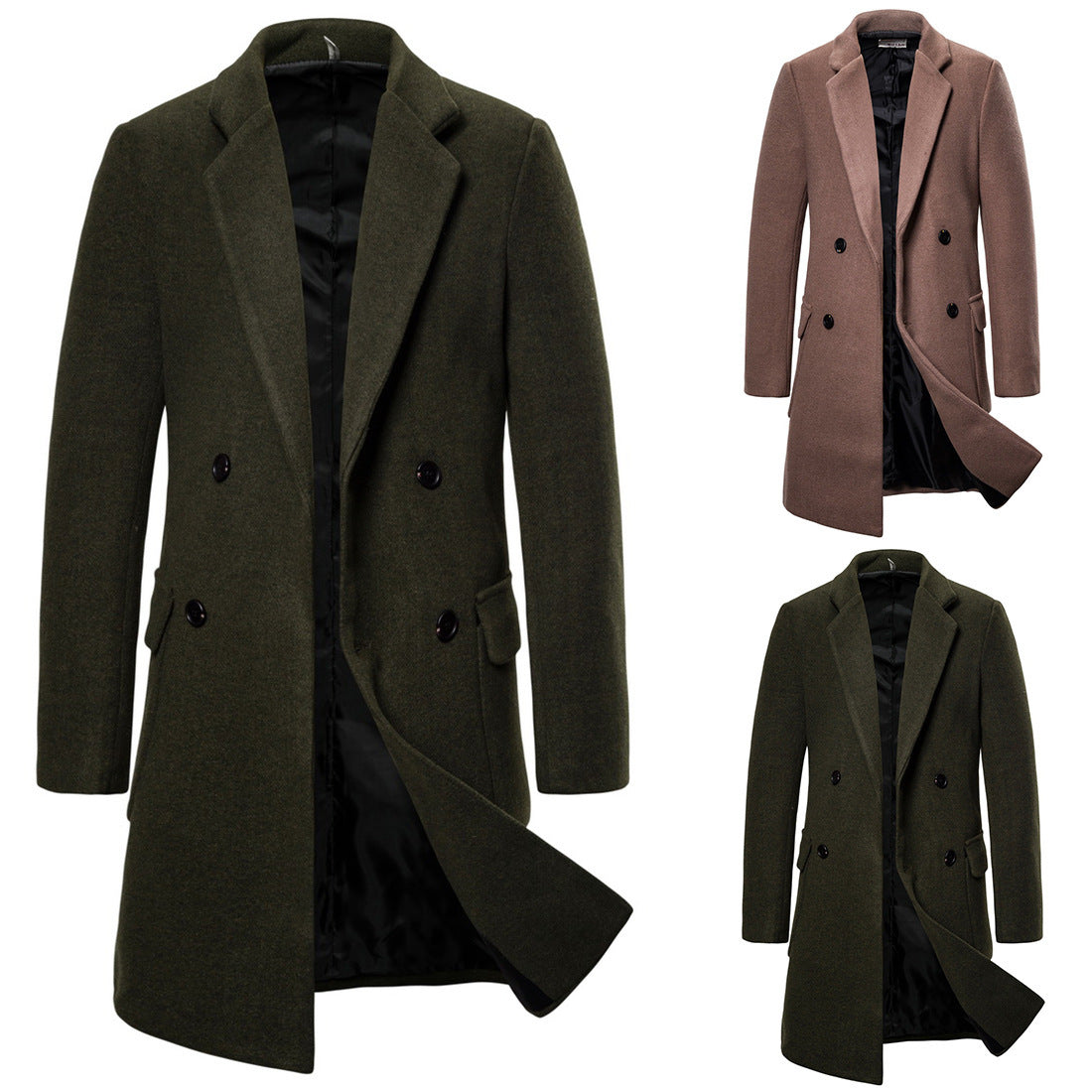 Men's Double-Breasted Casual Woolen Trench Coat
