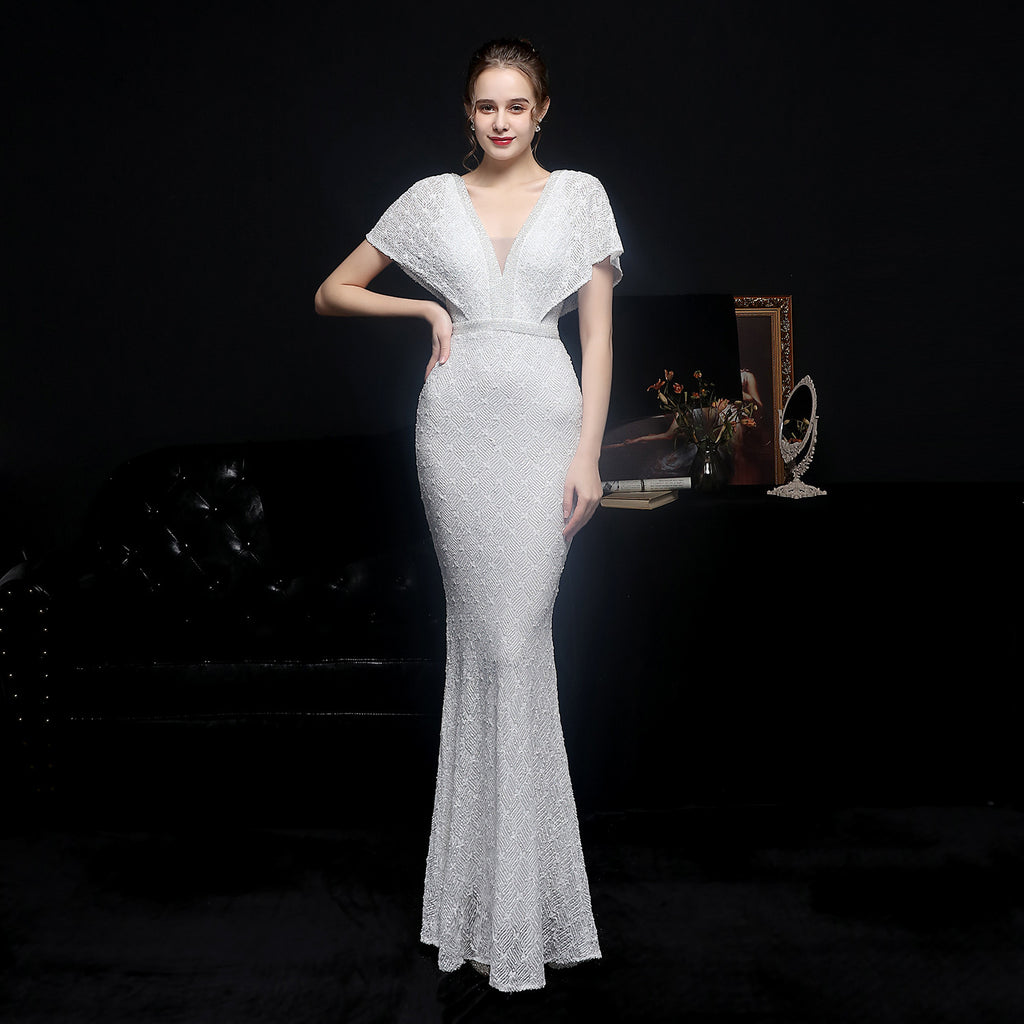 Robe sirène élégante à col en V et paillettes pour femme