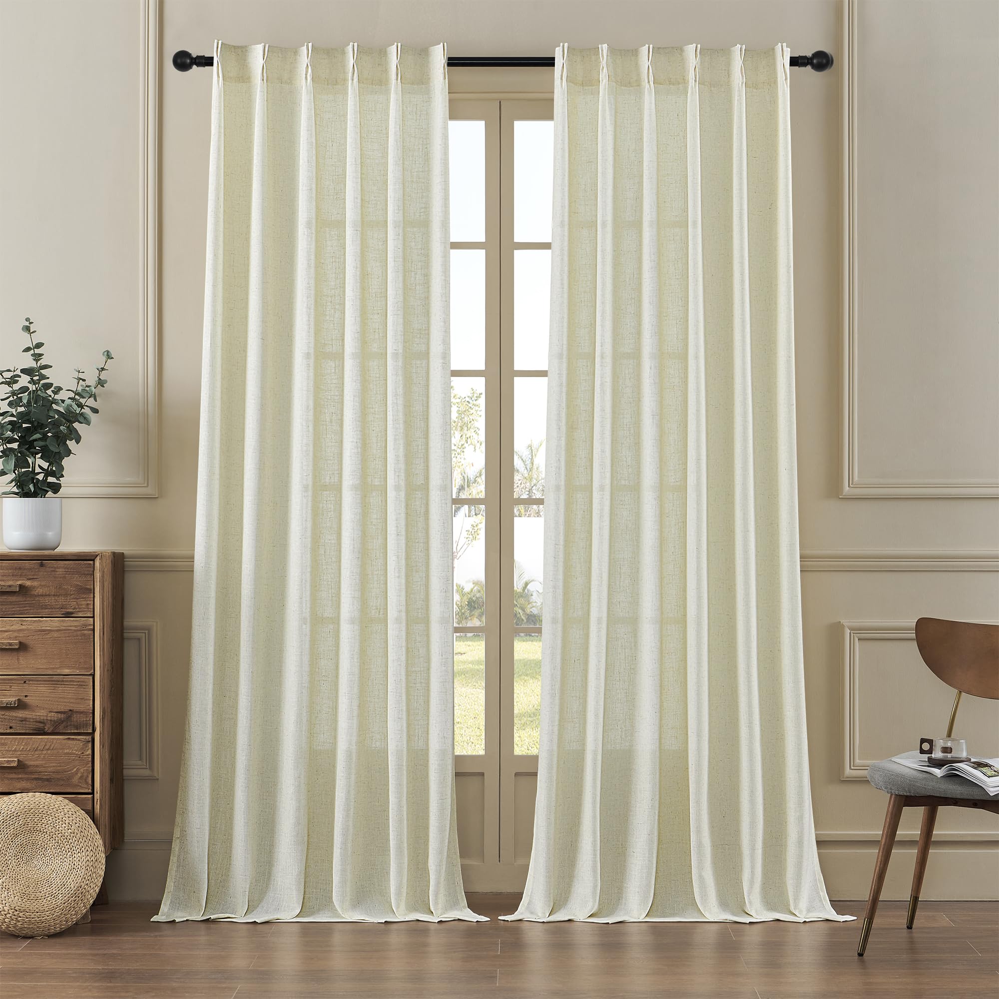MASWOND Pinch Pleated Linen Curtains 90 Inches Long 2 Panels for Living Room Semi Sheer Curtains Pinch Pleat Drapes for Traverse Rod Light Filtering Curtains for Dining W38xL90 Length
