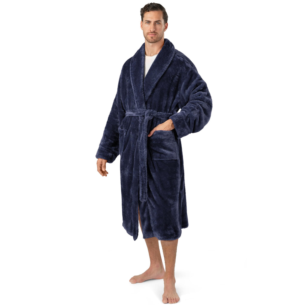 PAVILIA Mens Soft Robe Plush Fluffy Fleece Bathrobe for Men Long Sherpa Spa Robe with Shawl Collar (Navy BlueS/M)