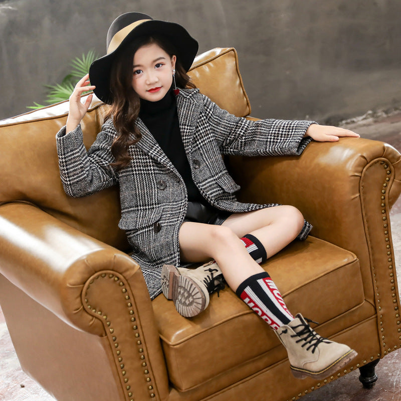 Girl's Gray Plaid Wool Coat for Autumn/Winter