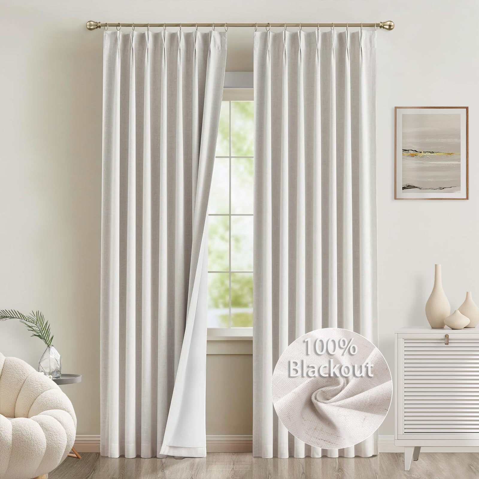 Natural Linen Pinch Pleated Curtains 108 inches Long 2 Panels 100% Blackout Linen Curtains for Living Room Bedroom Back Tab Room Darkening Two Pages Pinch Pleat Curtains Drapes with Hooks 40" Wx108 L