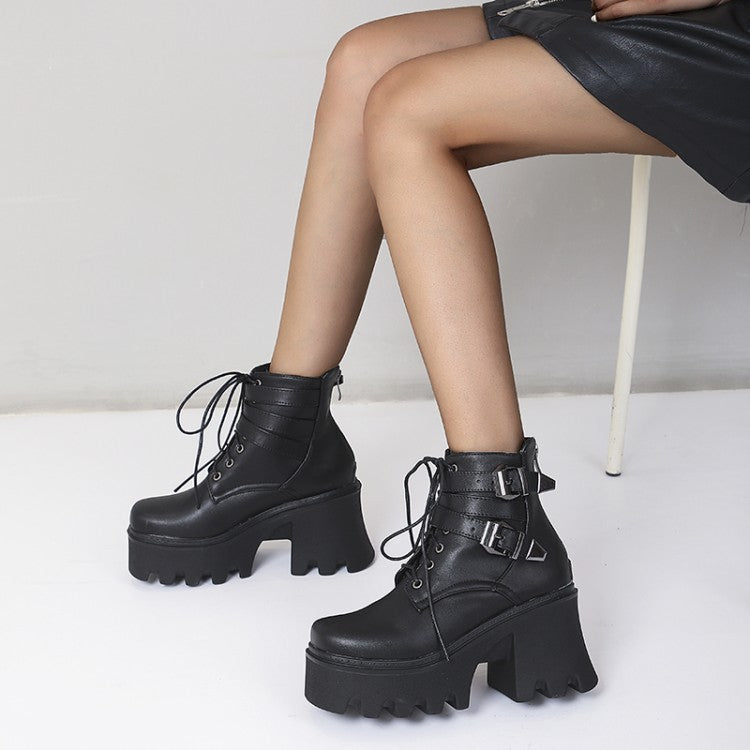Chaussures à talons épais à lacets sur le devant en PU pour femme