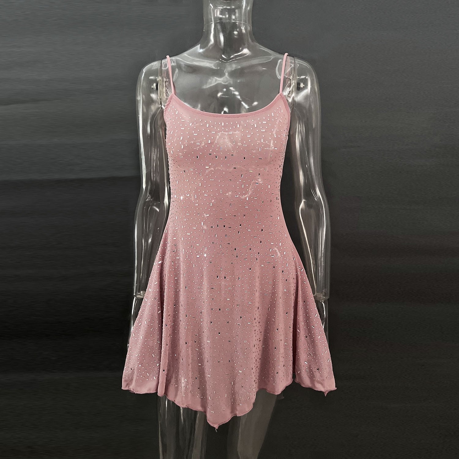 Semi-See-Through Sling Dress with Hot Drilling Detail