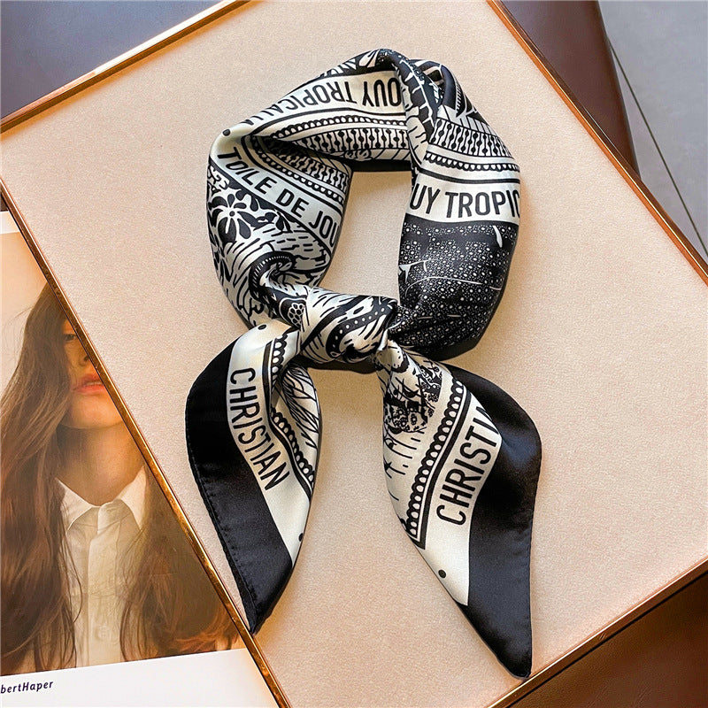 Korean Style 70cm Square Silk Scarf with Letter Print