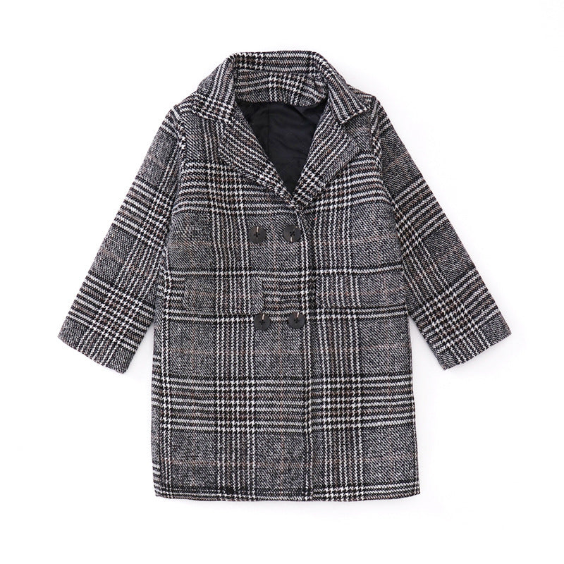 Girl's Gray Plaid Wool Coat for Autumn/Winter