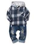 ZOEREA Toddler Baby Boys Clothes Outfits Kids Hoodie Flannel Shirts Set Plaid Hooded Tops +Jeans Pants Fall Winter Black 3-4T
