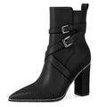 AUMOTED Chunkys Ankle Boots for Women Pointed Toe High Heel with Beaded Short Boots Slip-on Zipper 3.5" Ladies Dress Ankle Boots Shoes Matte Leather Black US Size 9