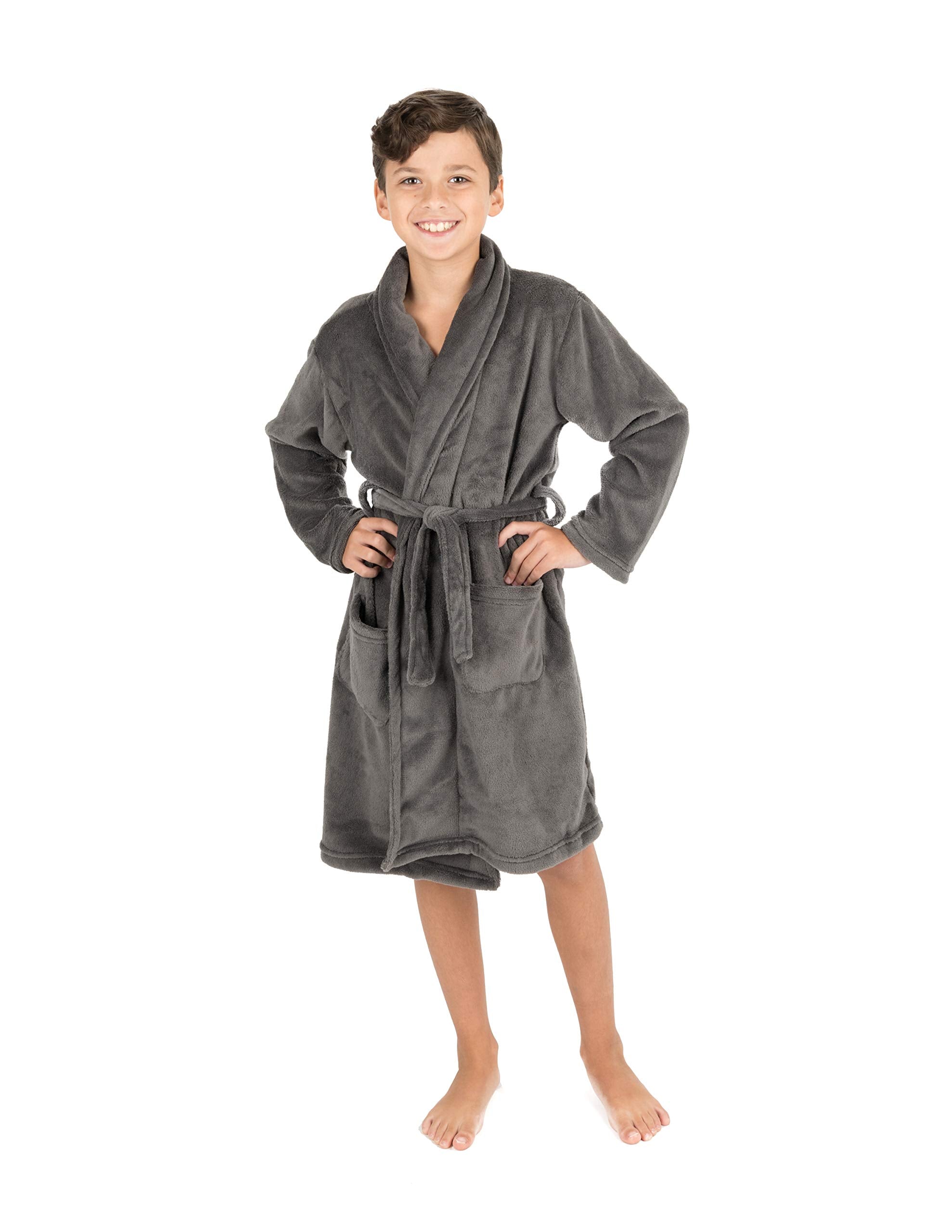 Leveret Kids Robe Boys Girls Bathrobe Shawl Collar Fleece Sleep Robe Grey Size 10 Years