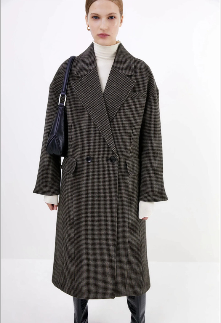 Manteau long en laine pied-de-poule