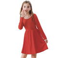 Zando Girls Red Dress Girls Long Sleeve Dress Size 6 Fall Winter Dresses for Girls 6-7 Red A-line Swing Casual Dresses for Grils High Waist Red Dress for Girls 4-6 Years S