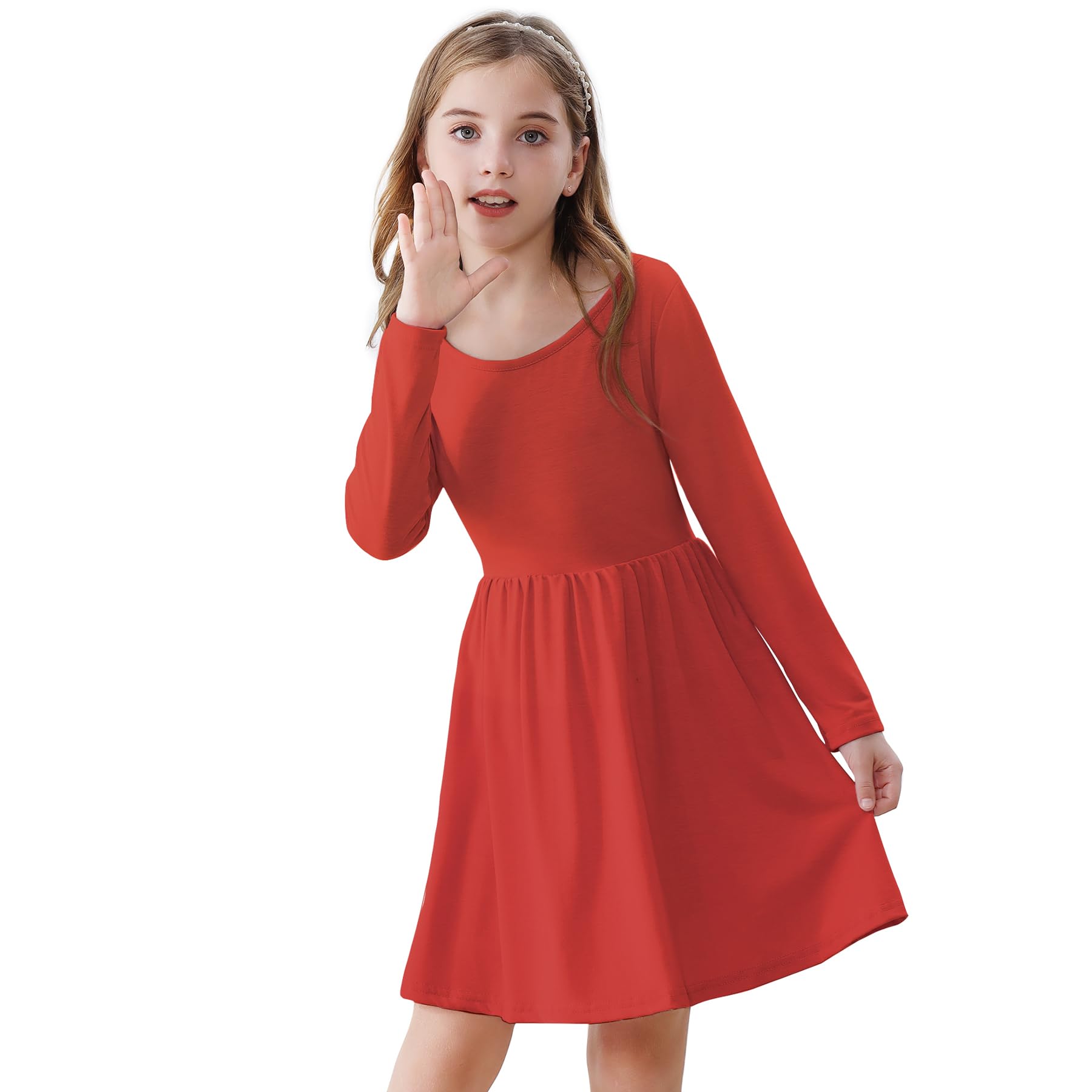 Zando Girls Red Dress Girls Long Sleeve Dress Size 6 Fall Winter Dresses for Girls 6-7 Red A-line Swing Casual Dresses for Grils High Waist Red Dress for Girls 4-6 Years S