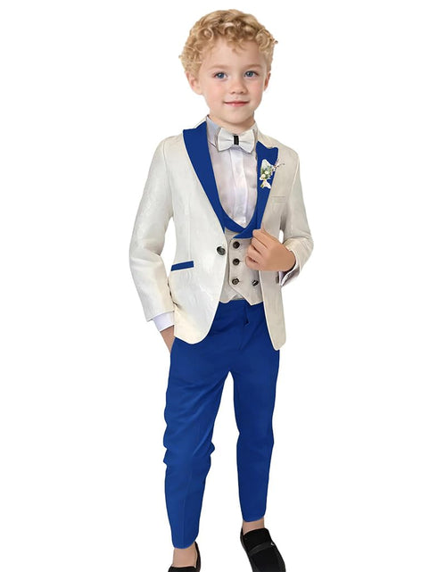 Boys Suit Jacquard Suits for Boys Slim Fit Tuxedo Suits Peak Lapel 3 Piece Set Teens Formal Outfit Royal Blue for Wedding Size 10