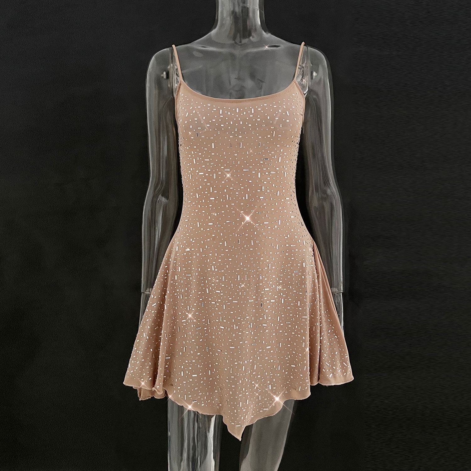 Semi-See-Through Sling Dress with Hot Drilling Detail