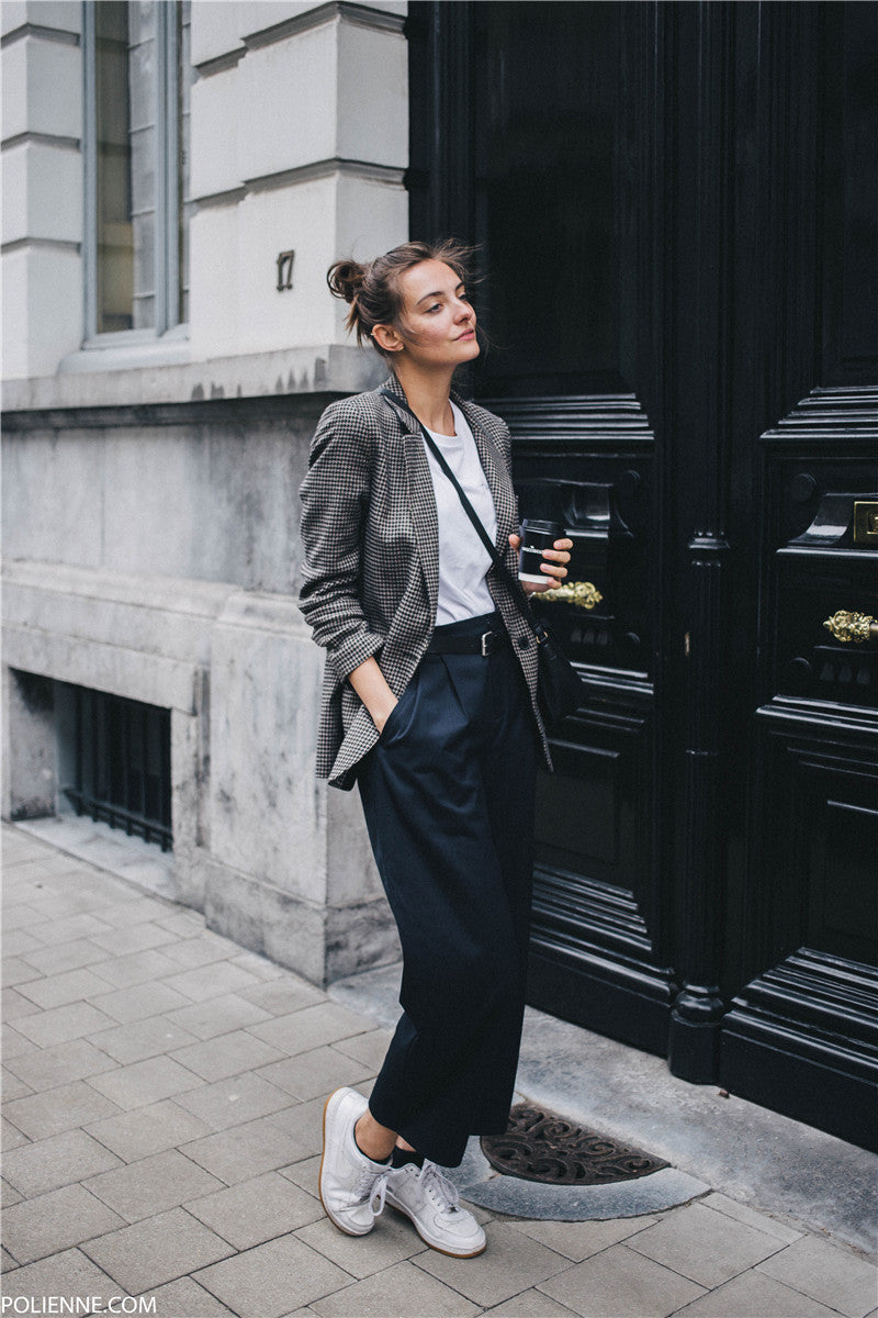 Chic Houndstooth Long Wool Blend Blazer Coat