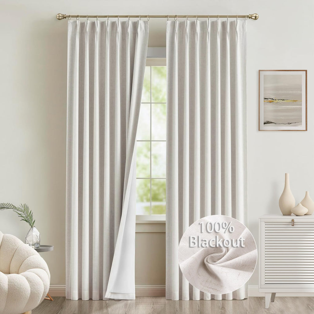 Natural Linen Pinch Pleated Curtains 108 inches Long 2 Panels 100% Blackout Linen Curtains for Living Room Bedroom Back Tab Room Darkening Two Pages Pinch Pleat Curtains Drapes with Hooks 40" Wx108 L