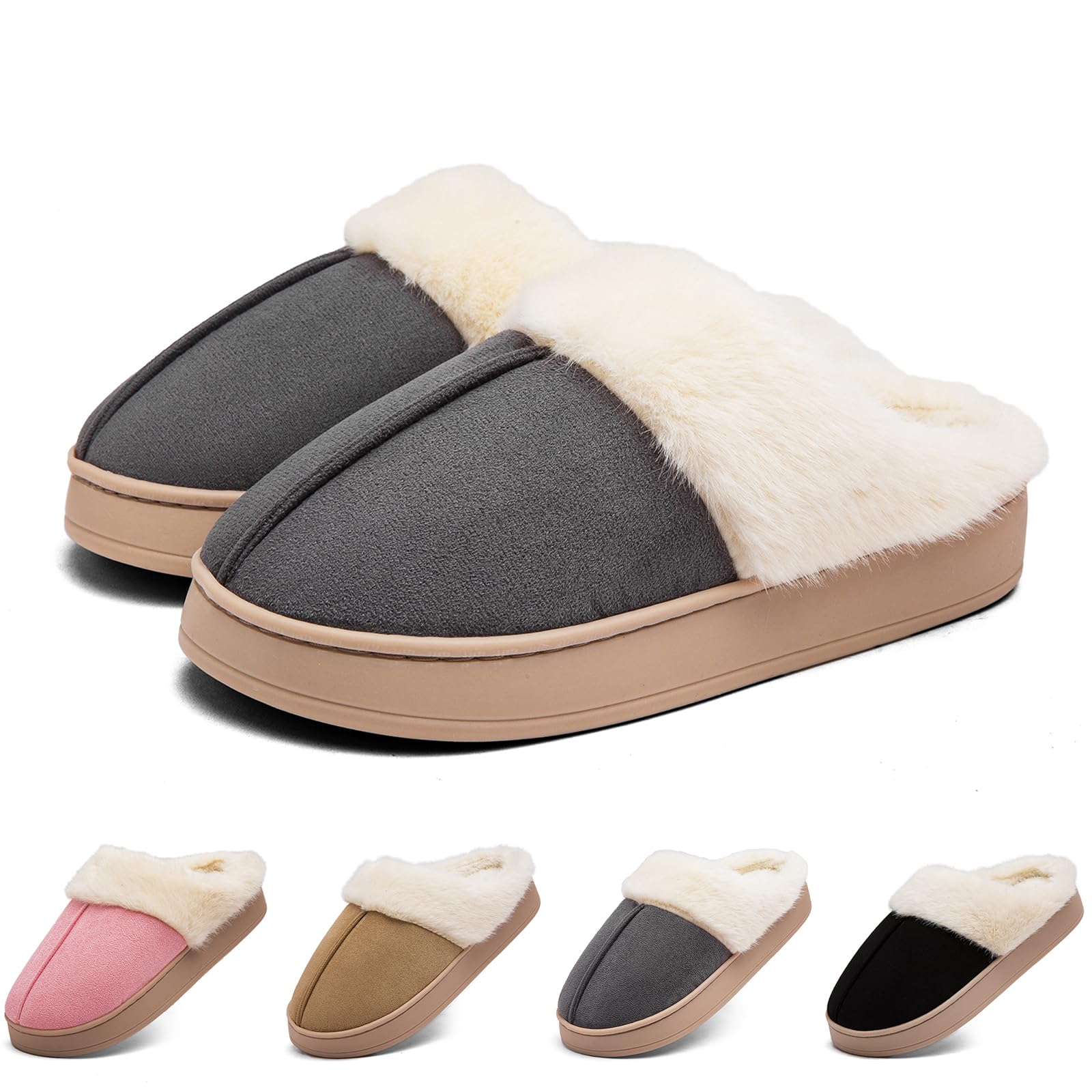 Harxxitd Womens Fuzzy House Slippers Memory Foam Slippers for Women Indoor and Outdoor Durable Anti-Skid Rubber Sole ladies Winter Comfy Faux Fur Bedroom Shoes（B666Grey-9-10