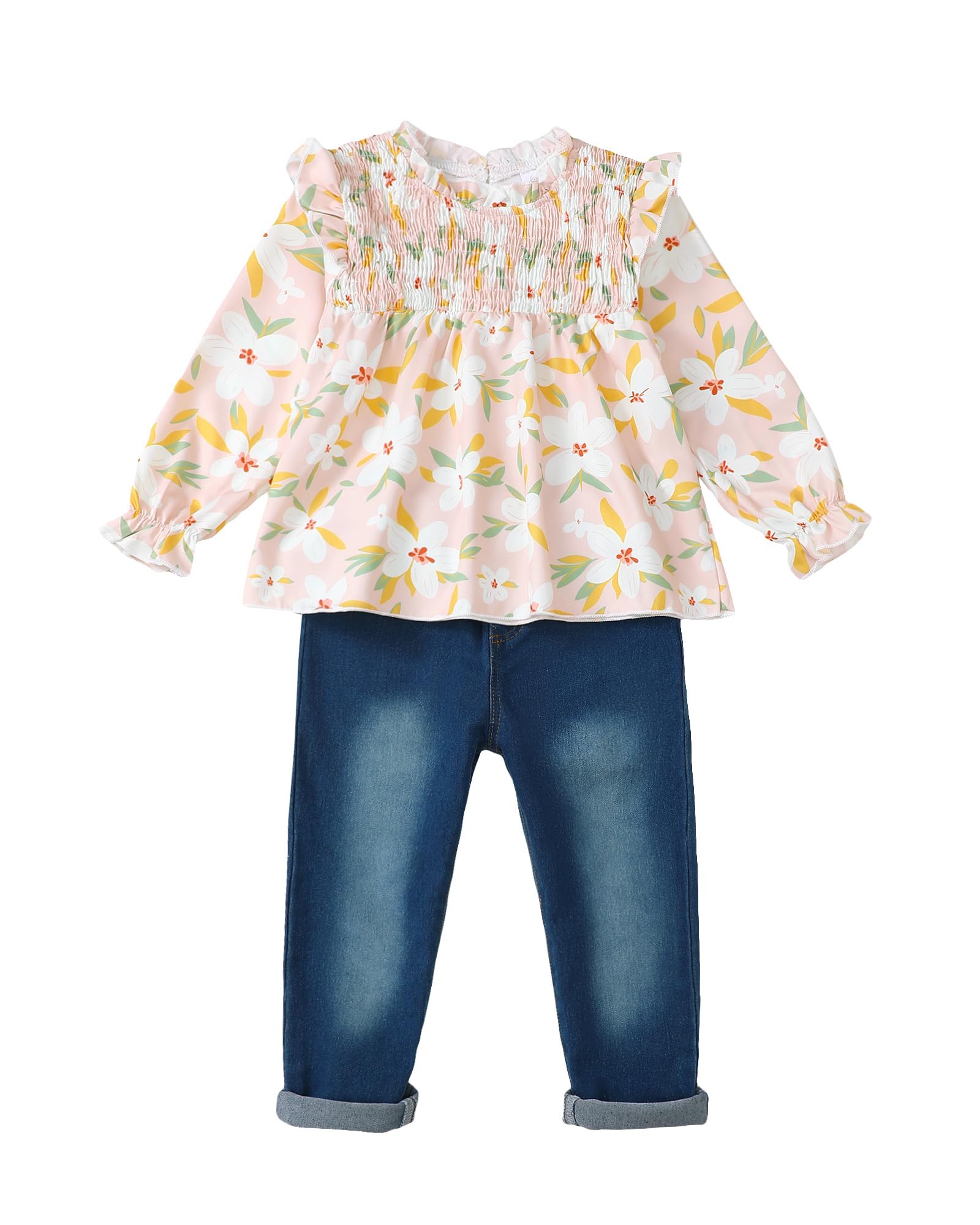 4T Girl Clothes 5T Toddler girls Clothes Fall Long sleeve Ruffle Shirts Denim Jeans Little Outfits Set Winter Khaki 4 5 Year old Girl Clothes
