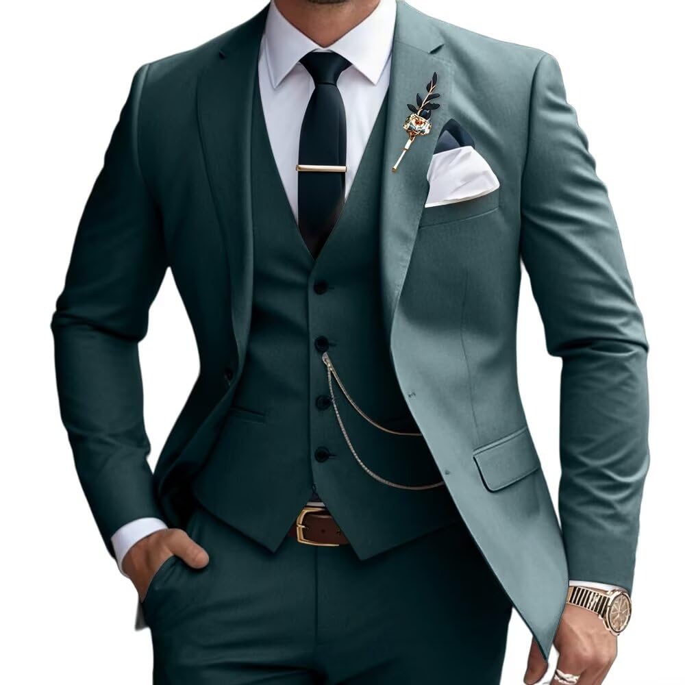 Mens Suits Slim Fit 3 Piece Business Wedding Tuxedo Jacket Vest Pants Suit Set Olive Green