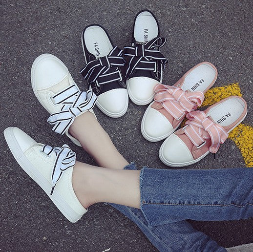 Women's Canvas Slip-On Sneakers with Ribbon Detail